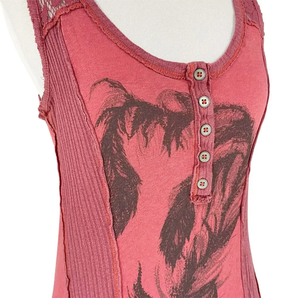 FREE PEOPLE We The Free Night Falls Pieced Tank w/ Feather Graphic Washed Red XS